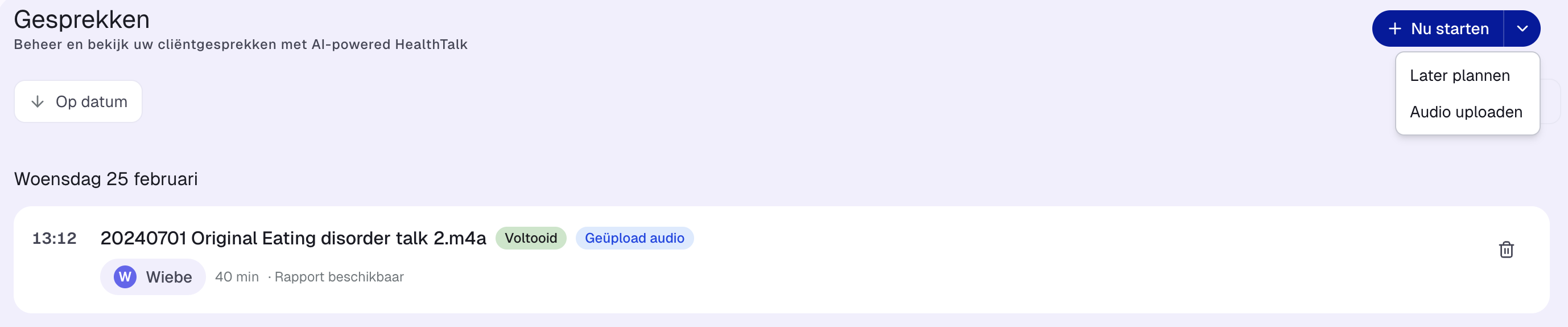 Conversation management interface with options to start now, schedule later, or upload audio recordings