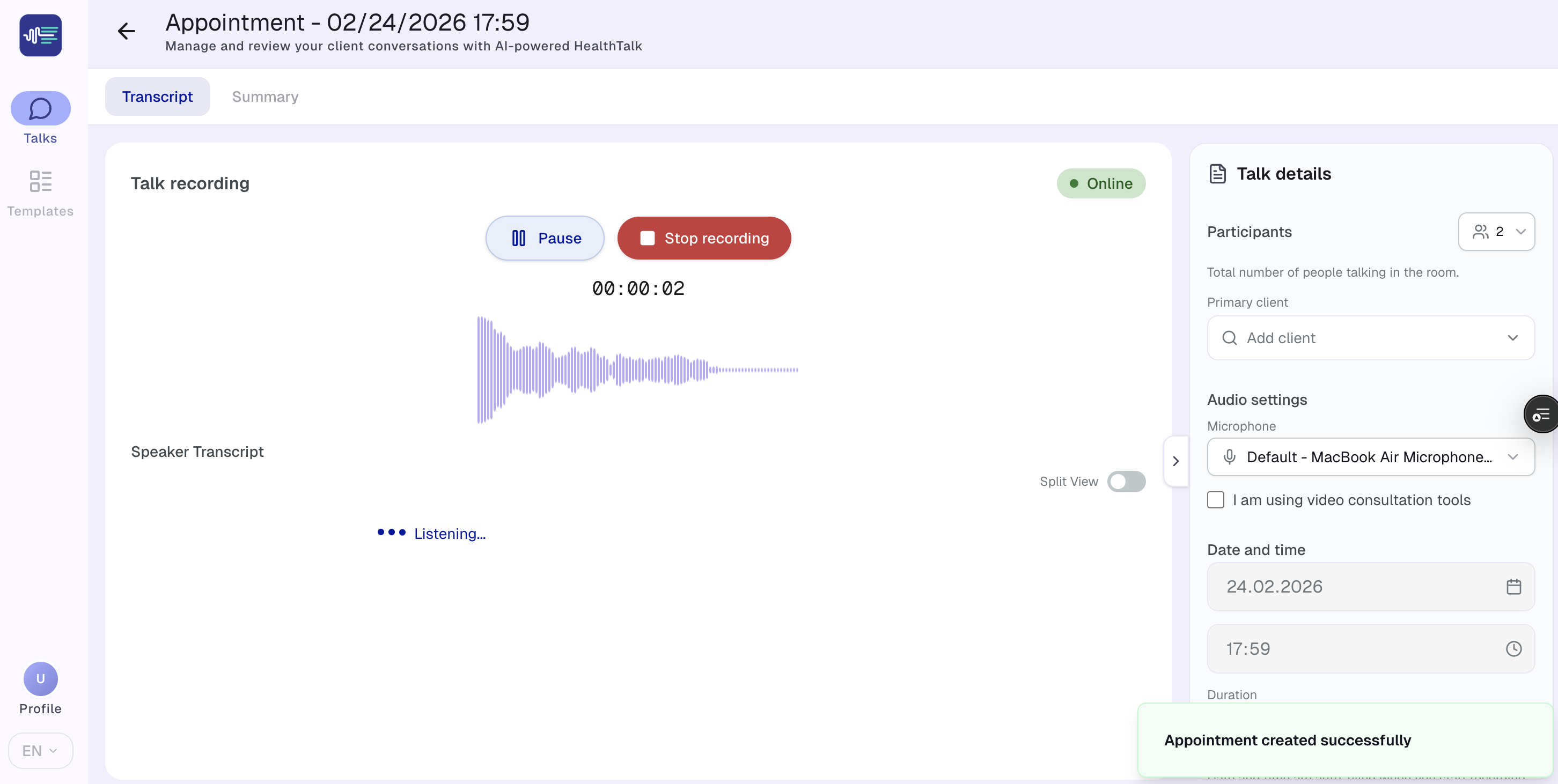 Talk recording interface showing audio waveform, participant settings, and appointment details