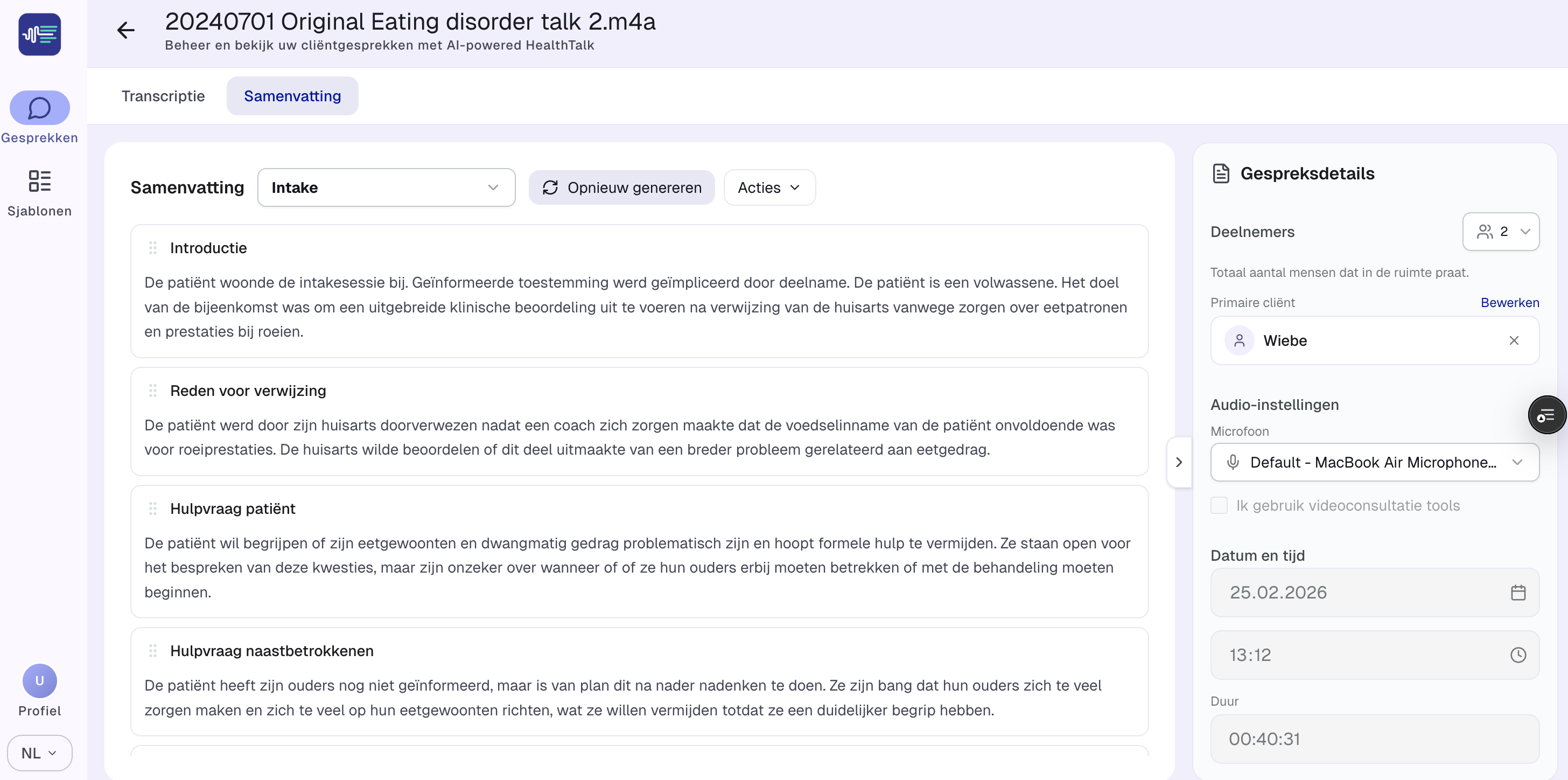 Talk summary interface showing intake sections including introduction, reason for referral, and patient care needs