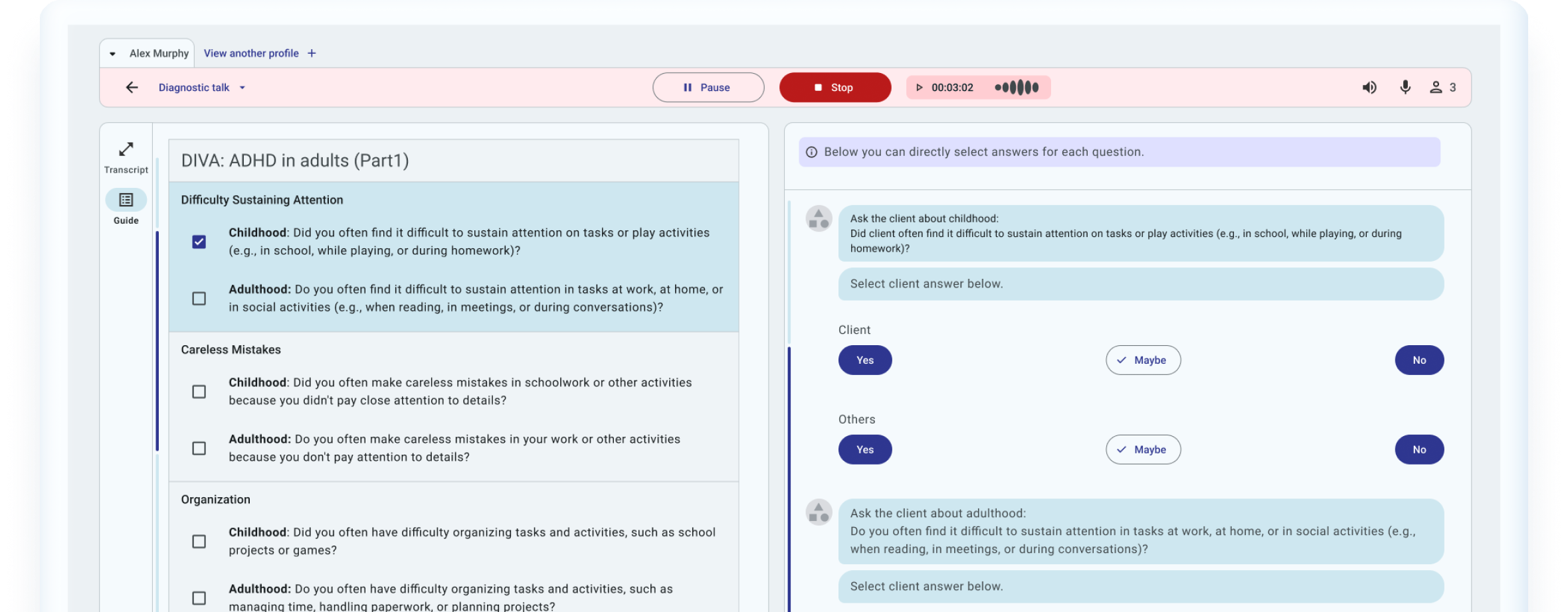 DIVA ADHD questionnaire interface with checkbox questions and answer selection
