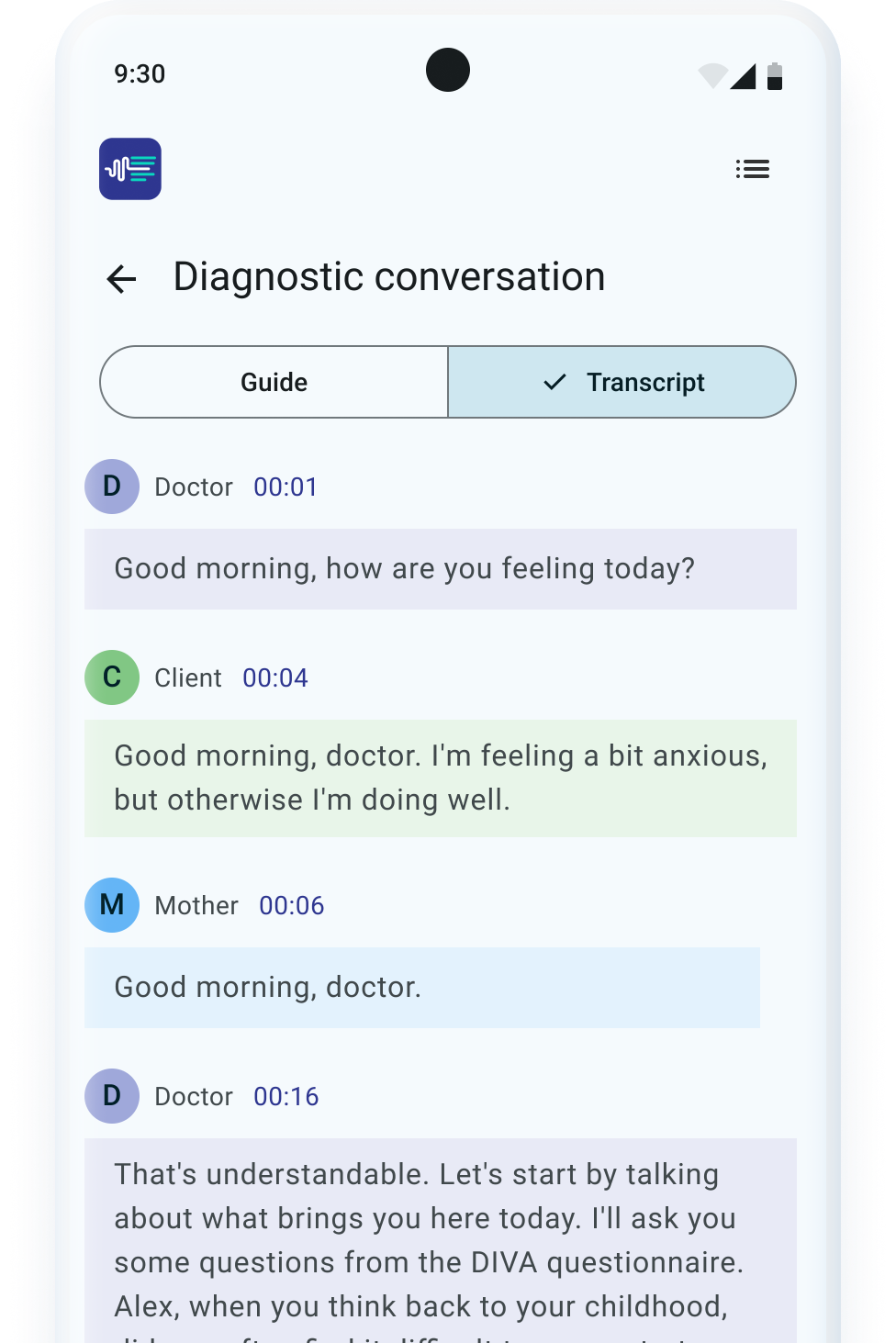 Mobile app showing diagnostic conversation with color-coded transcript