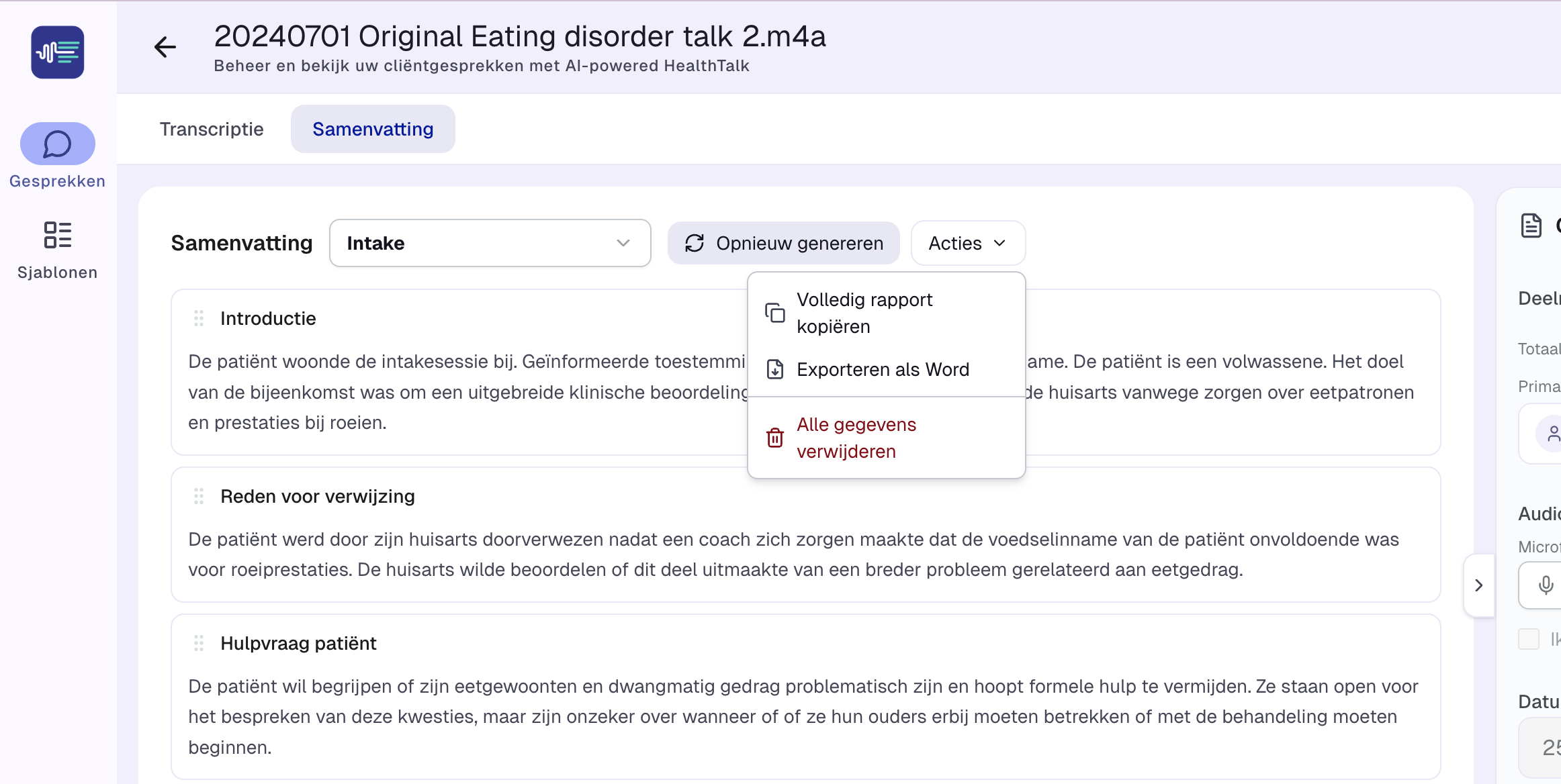 Summary interface showing intake report with actions menu for copying, exporting to Word, and data management