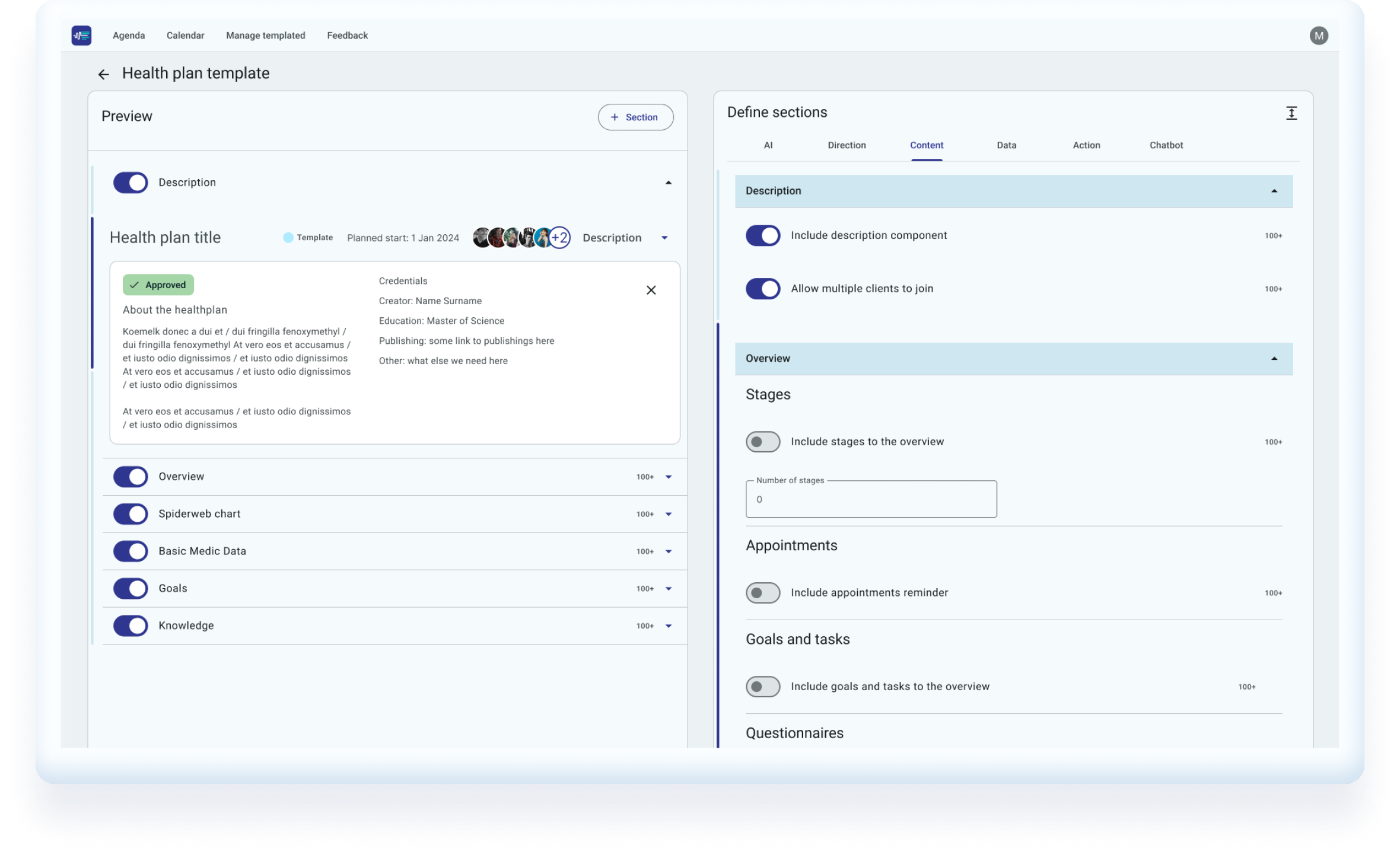 Health plan template interface with preview panel and section configuration options